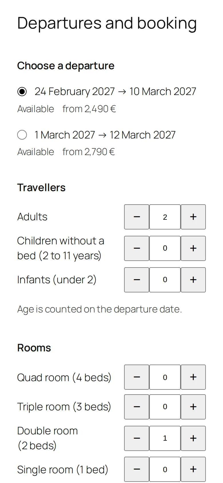 The booking form on a phone: choice of departure, then the number of adults, children and infants.