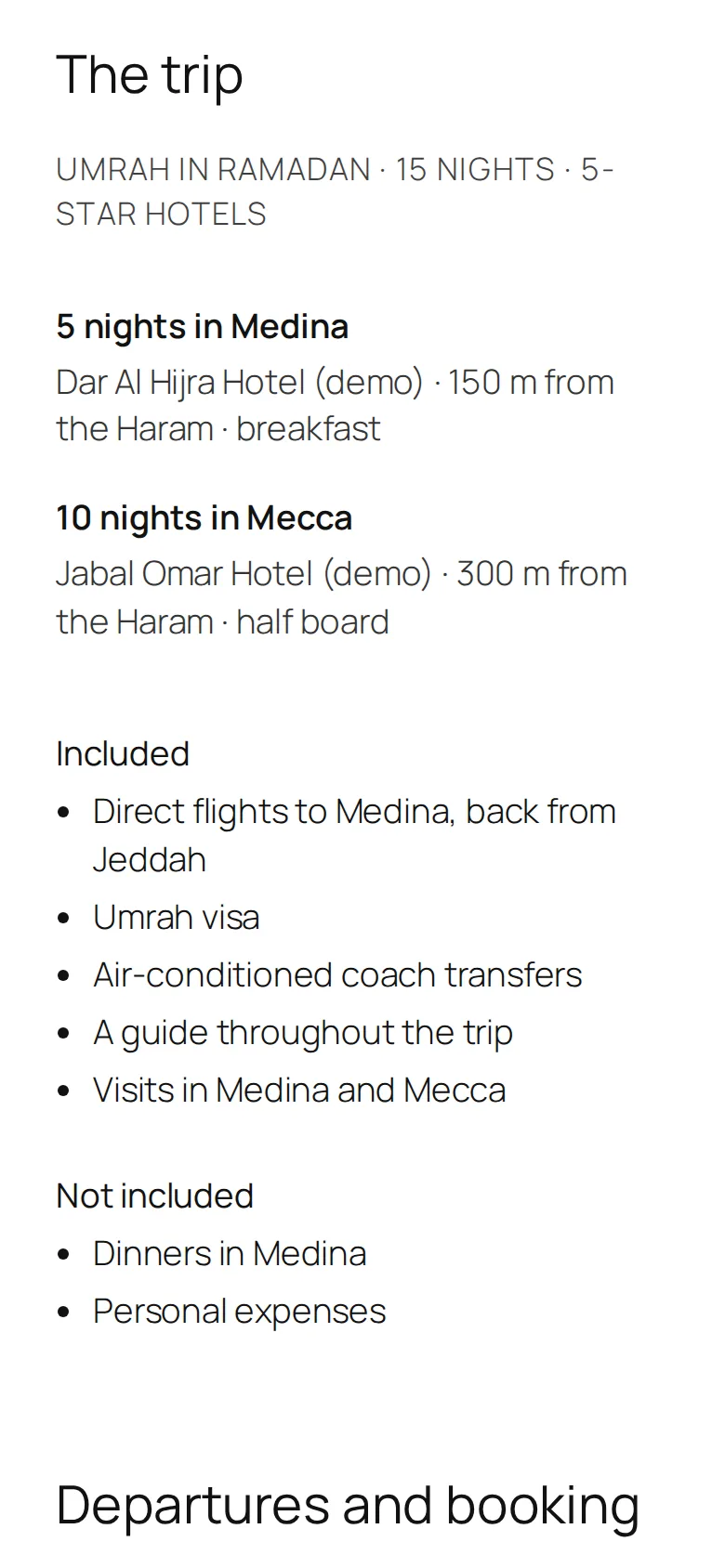 A package page on a phone: the trip with five nights in Medina and ten in Mecca, the hotels and what is included.