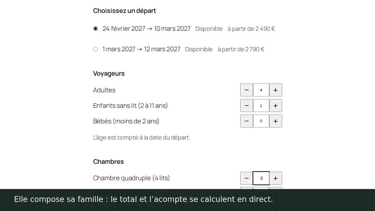 Démonstration de Qafilo : une famille compose son séjour et voit le prix exact, puis l'agence confirme et enregistre l'acompte